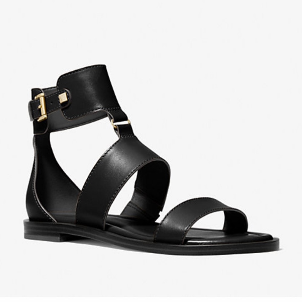 MICHAEL Michael Kors Amos Black Leather Flat Gladiator Sandals